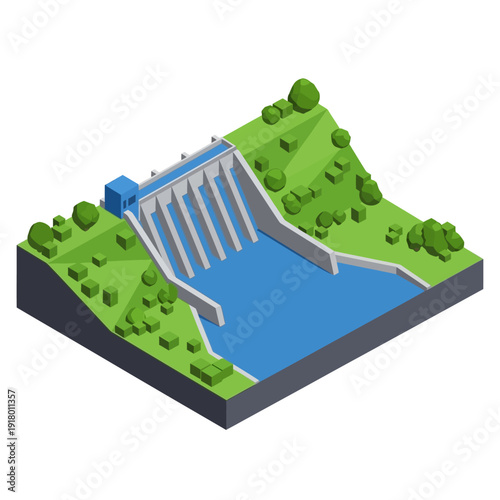 Isometric illustration of a hydroelectric dam surrounded by greenery.