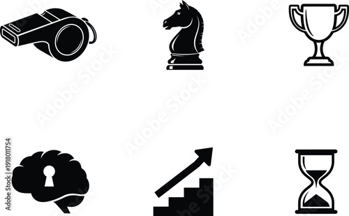 collection of business and strategy icons including a whistle a knight chess piece a trophy a brain with a keyhole a graph with an arrow and an hourglass