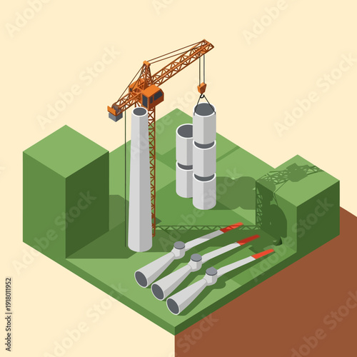 Construction site with crane lifting concrete pipes into place.