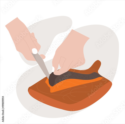 cleaning fish skin salmon fillets . Hand holding knife and cutting chopping meat fish with slice concept.
