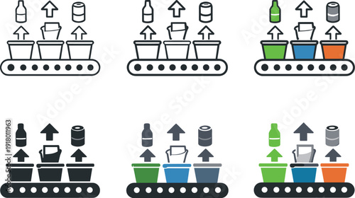 Recycling sorting process icon showing a conveyor belt with bins and arrows directing different waste items like bottles, paper,