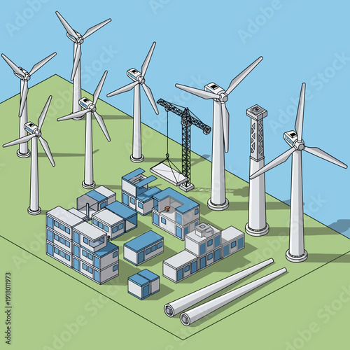 Wind farm with turbines and industrial facilities.