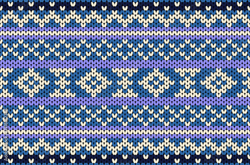 A knitted pattern in shades of dark blue and purple, with cream-colored stripes in a native boho style.