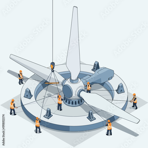 Installation of large wind turbine blades on a circular platform.