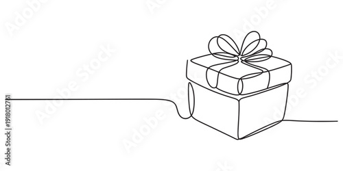 Single line drawing of a gift box with a bow on a white background for celebration. Vector, illustration