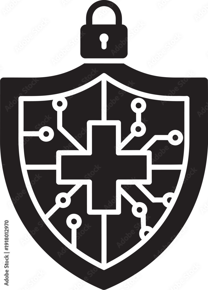 Fototapeta premium Medical healthcare security shield with padlock and circuit board design, symbolizing protection and safety in digital medicine and healthcare technology