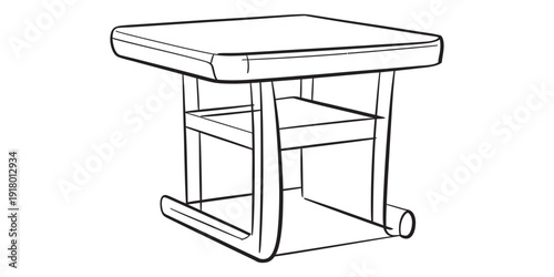 Simple black and white line drawing of a small wooden side table with two shelves for storage. Vector, illustration