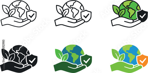 Sustainable environment icon depicting a hand holding the planet with leaves and a shield, representing environmental protection,