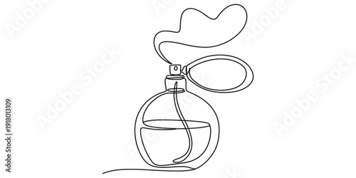 Continuous line drawing of a vintage perfume bottle with a spray bulb and mist cloud Vector, illustration