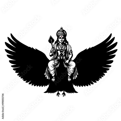 Lord Murugan Black Silhouette with Vel Spear Minimal Vector