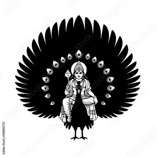Lord Murugan Black Silhouette with Vel Spear Minimal Vector