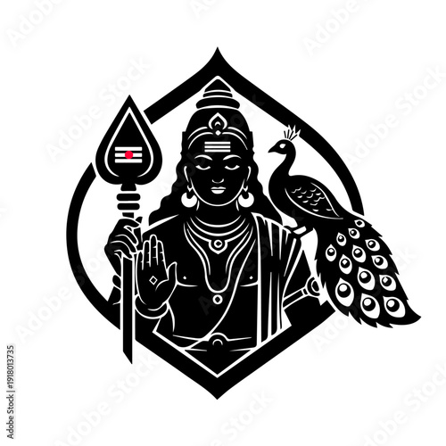Lord Murugan Black Silhouette with Vel Spear Minimal Vector
