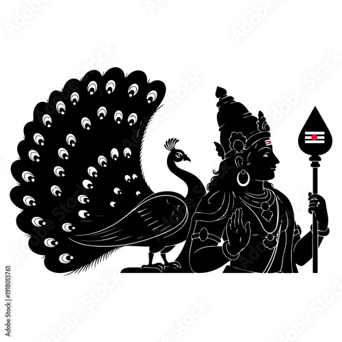 Lord Murugan Black Silhouette with Vel Spear Minimal Vector