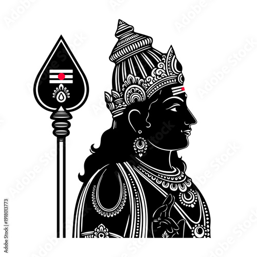 Lord Murugan Black Silhouette with Vel Spear Minimal Vector