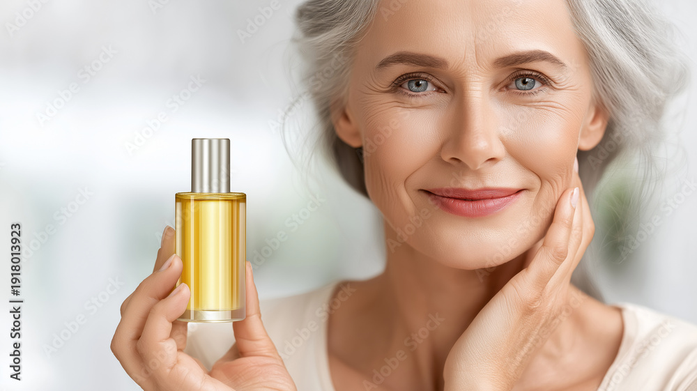 Fototapeta premium Mature woman with gray hair holding a premium anti-aging serum bottle, smiling and showcasing the product in a bright indoor setting with soft lighting