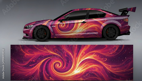 Luxury sports car with a vibrant abstract swirling graphic wrap design, showcasing energetic pink, purple, and orange patterns.