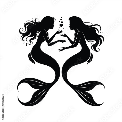 Romantic Mermaid Couple Silhouette with Heart Bubbles Vector Illustration