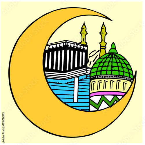 Islamic Crescent Moon Illustration with Kaaba in Mecca and Green Dome of Medina Mosque – Muslim Religious Vector Icon