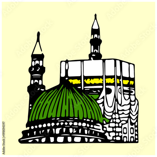 Islamic Holy Sites Illustration Featuring Kaaba in Mecca and Green Dome of Medina Mosque – Muslim Religious Vector Artwork