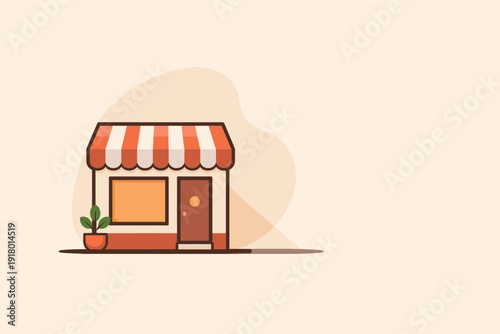 St ore fr ont icon object st and ing up right withsimplerect angul arshop fr ont fl atro of andstriped awn ing positi oned in the