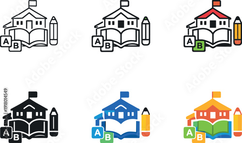 Early childhood education symbol depicting a school building with book, pencil, and playful learning elements like ABC blocks,