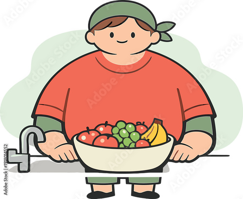 Bright person finishes washing fruits at a sink, bowl filled cleanly, hands resting, calm pause before next step. | washing