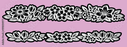 Elegant Spring Embroidery Floral Border: Hand-Drawn Blossom Patches