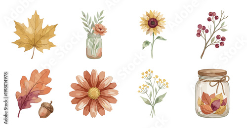 Autumn Botanical Sticker Set with Flowers and Leaves