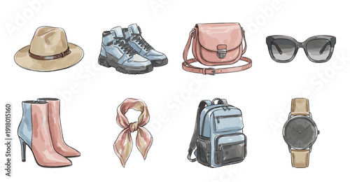 Fashion Accessories Set Illustration with Shoes and Bags