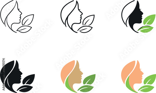 Eco beauty symbol showing a gentle facial profile paired with leaf motifs to represent natural beauty and organic care, repeated
