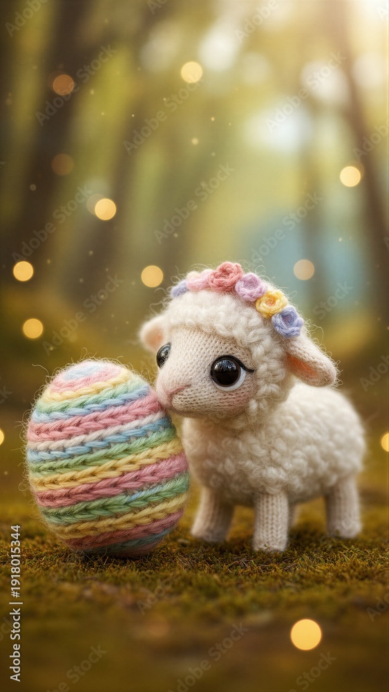 Fototapeta premium Cute knitted lamb with a rainbow yarn egg on mossy ground. Easter decoration for spring holiday greeting card and kid design.