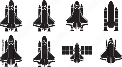 Black and white of space shuttles and a satellite spacecraft