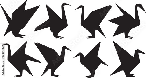 Eight black origami crane silhouettes in a grid bird