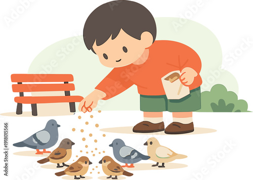 Calm child feeds birds in a park, body leaning forward as crumbs land and birds cluster in a loose circle | child birds park,