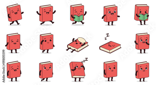 Cartoon book character expressing various emotions and activities  