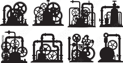 Eight black steampunk machinery silhouettes with gears and pipes