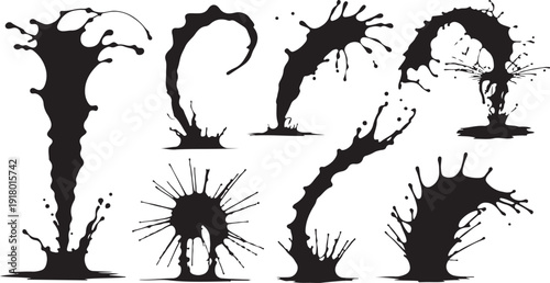 Eight dynamic black ink splashes and water droplets
