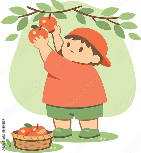 Around child reaches up picking apples from a tree, basket on grass below, leaves rustle softly, bright fruit close to hands. |