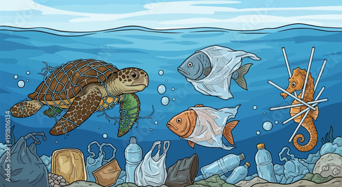 Underwater scene with sea turtle and plastic pollution.