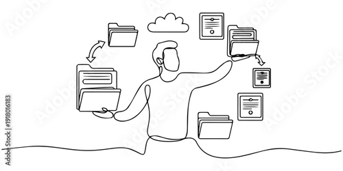 Databases, Man searching and managing files online continuous one line drawing document databases. Record keeping database technology File Access, Document Sharing, document management 