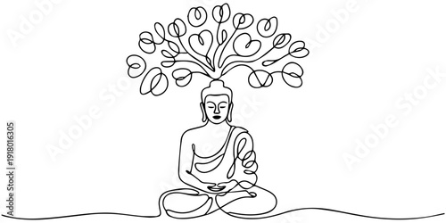 continuous one line drawing depiction of a serene Buddha meditating under a bodhi tree
