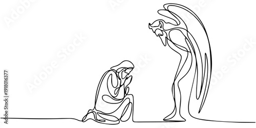 Continuous one line drawing of Jesus christ. Single line drawing illustration of Lord jesus vector design editable outline. dramatic scene of Jesus Christ kneeling in prayer, while Satan looms behind 