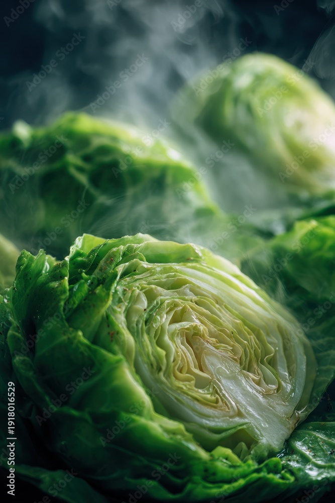 Obraz premium Close-Up Cabbage Texture In A Prepared Dish Concept — Rustic Green Leaves, Fresh Farm To Table Aesthetic, Botanical Style And Crisp Layered Lettuce Art