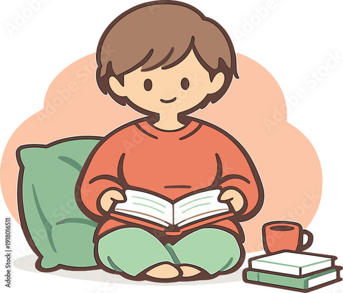 Warm child leans against a cushion holding a book open gently as soft light falls around a quiet reading spot. | child reading,