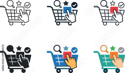 Market behavior icon featuring a shopping cart, hand selecting products, and user interaction elements, symbolizing consumer
