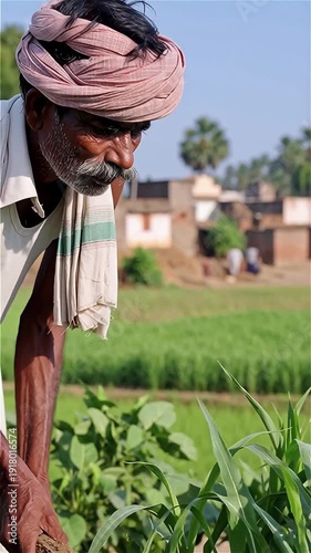 Senior indian farmer working in agriculture field inspecting crops with rural village background wearing traditional turban and towel
