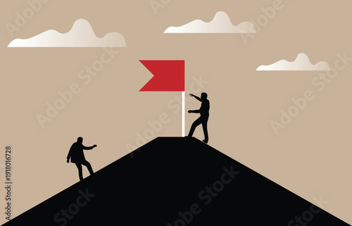 Business People Placing a Flag on Top of Mountain. People dealing with difficulties at work vector art