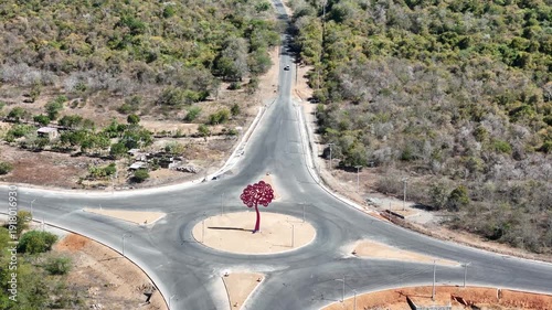 Roundabout with a red tree sculpture in a rural area
