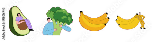 Flat Vector Surreal Healthy Eating Character Element Kit for Modern Nutrition and Wellness Blog Graphics