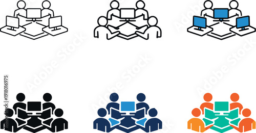 Office teamwork setting symbol featuring interconnected desks, screens, and simplified human figures expressing a shared